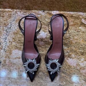 Amina Muaddi Black Heels with Crystal Accents